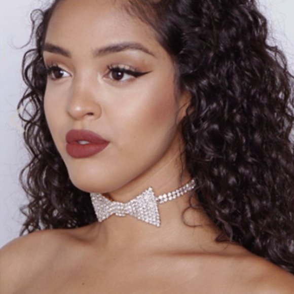 Crystal Bow Tie Choker Collar Chain Lady Rhinestone Tennis Chain Necklace - Picture 3 of 8